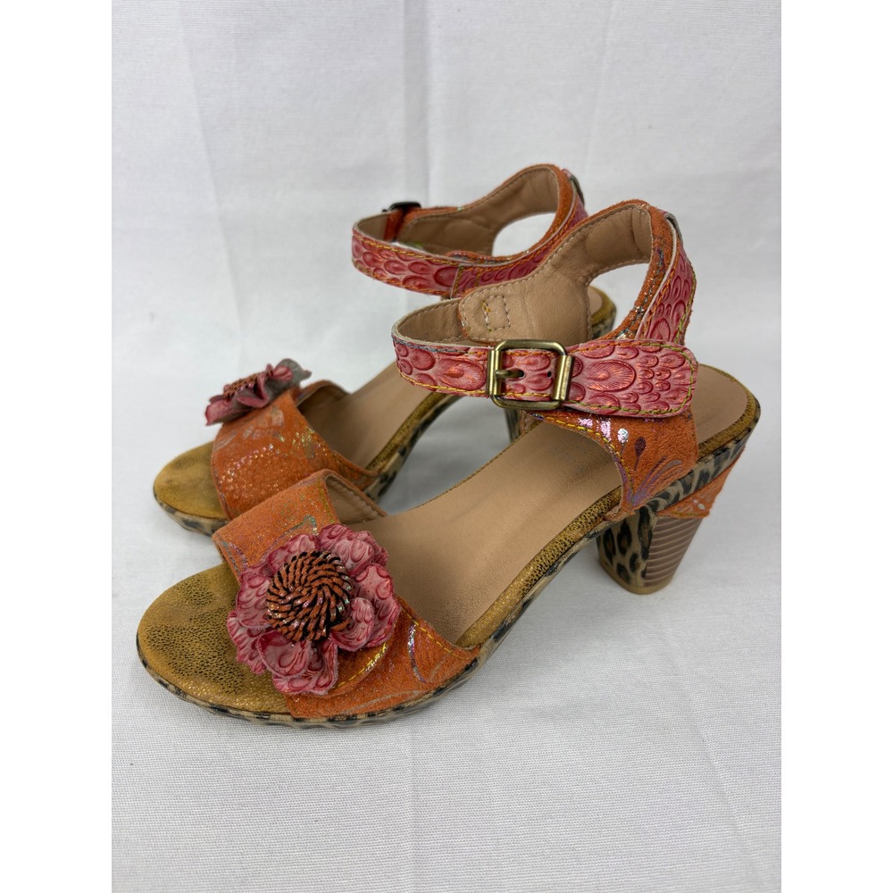 Women's Orange Floral Ankle-Strap Heeled Sandals